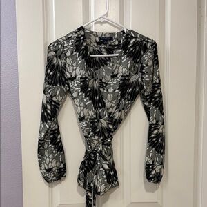 Banana Republic Black and Gray Floral Wrap Blouse